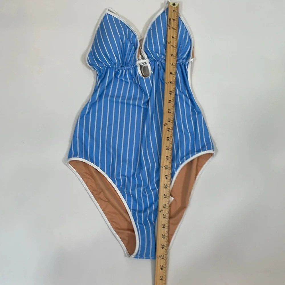 J CREW ONE PIECE KEYHOLE STRIPE HALTER SWIMSUIT NWT Size 16 - Picture 10 of 13